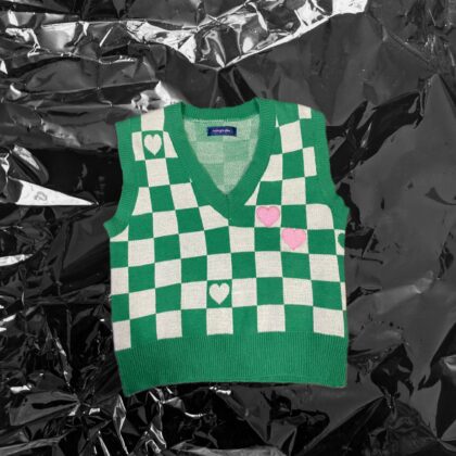 Checkered Knitwear Vest in Green White